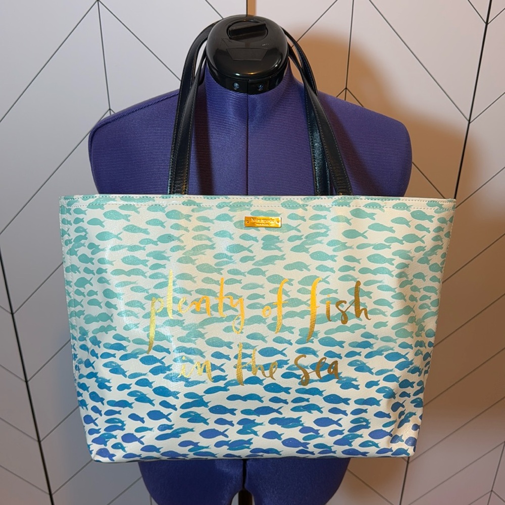 Kate Spade Make a Splash Plenty of Fish in the Sea Blue Green Leather Tote Purse